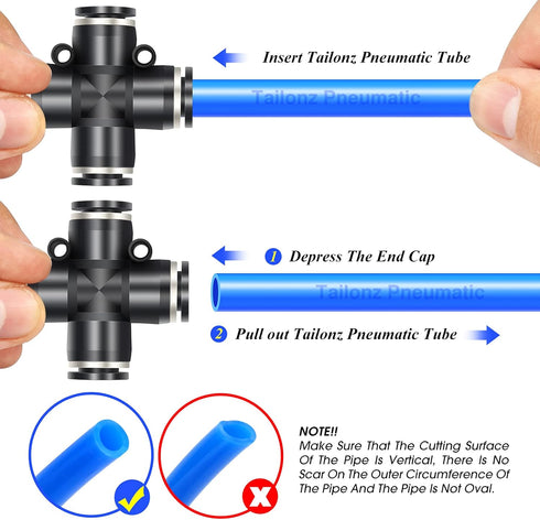 TAILONZ PNEUMATIC Pack of 5 4 Way 1/4 Inch OD Straight Push Fittings Plastic Quick Release Connectors Air Line Fittings