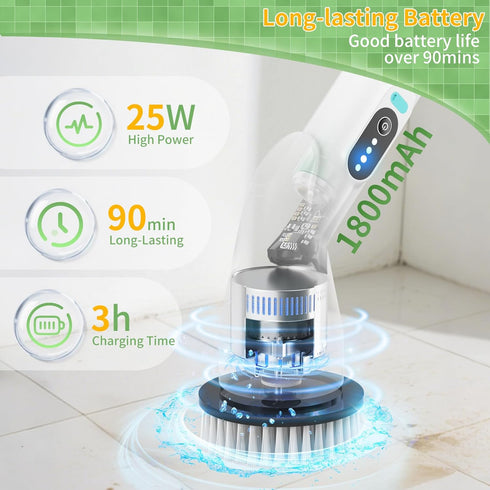 8 51.2in 90Min Electric Spin Scrubber - Household Cleaning Brush with Heads, Extendable Pole Bathroom Scrubber