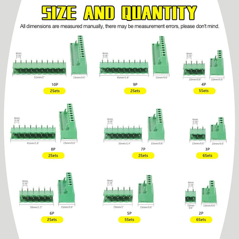 32Pcs 9 Type Pluggable Terminal Blocks Connector Socket, 5mm/0.2inch Pitch PCB Mount Screw Male Female Connectors(2/3/4/5/6/7/8/9 Pins)