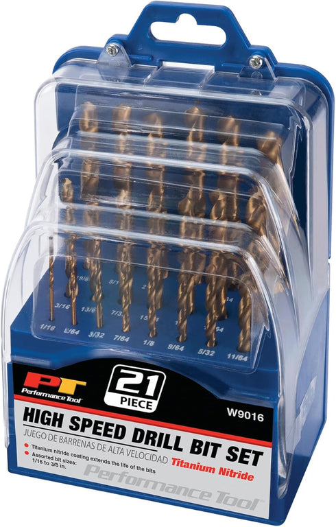 Performance Tool 21-Piece High Speed Drill Bit Set, Titanium Coated