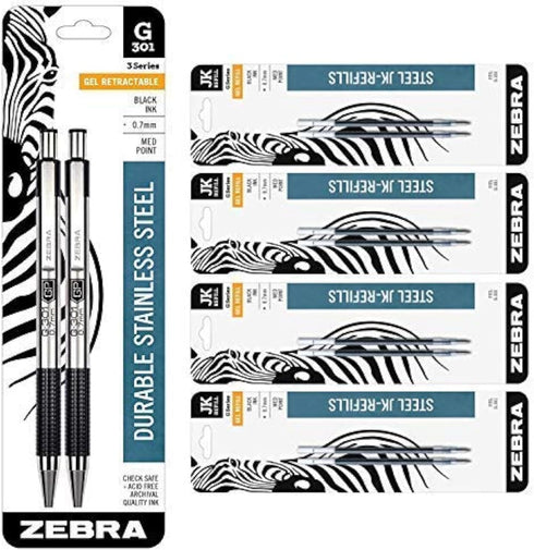 Zebra Pen G-301 Stainless Steel Gel Pen, Medium Point, 0.7mm, Black Ink, 2-Count Bundle with 8 Refills, 0.7mm