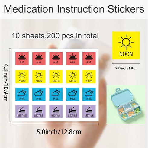 YEWROXY 200 3/4 Inch Medication Instruction Stickers, Pcs Morning Noon Evening Bedtime Medicine Reminder Stickers Label