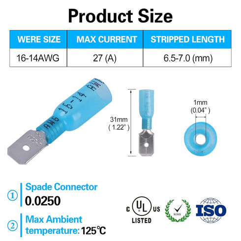 100 PCS 16-14 AWG Waterproof Heat Shrink Quick Disconnect Connectors, Crimp Electrical Wire Male Spade Connectors Insulated Disconnect for Marine Automotive Motorcycle Home Wiring (Blue)