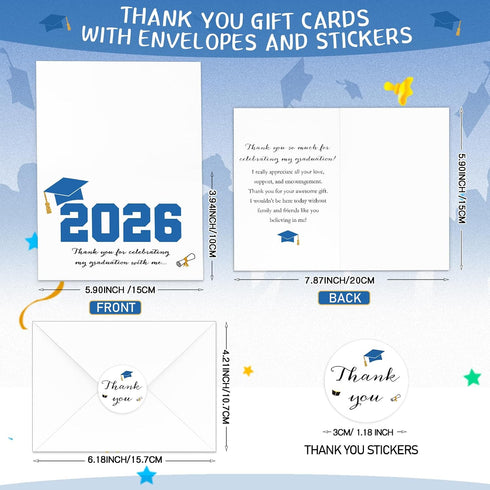 Motipuns 100 Sets 2026 Blue Graduation Thank You Cards with Envelopes and Stickers Pre-printed Message Bulk