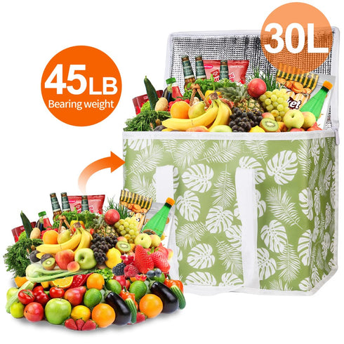 1-Pack Bodaon Insulated Reusable Grocery Shopping Bags, X-Large Picnic Cooler Bag with Top Cold, Green-Leaf