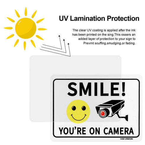 2 Pack Smile You're on Camera Video Surveillance Sign, 10"x7" Rust Free Aluminum Metal Warning Sign, Waterproof
