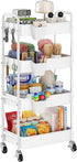 Aofure 4 Tier Rolling Cart Metal with Wheels, White Four Tiered Rolling Storage Cart on Wheels, Utility Roller Carts