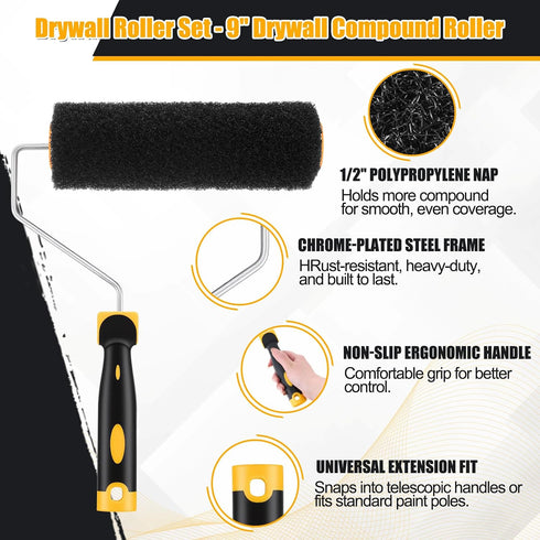 9 Inch 1 1 1 Chumia Drywall Roller Kit with Corner Roller - Standard Frame + Corner Frame, Each with Replacement Cover