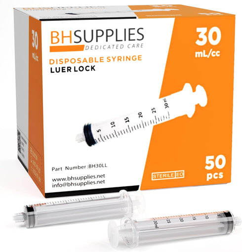 BH Supplies 30ml Luer Lock Tip Syringes (No Needle) - Sterile, Individually