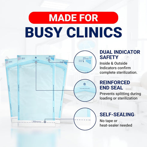 7.5" 14" 200 Count Arrigo Self-Sealing Sterilization Pouches x Autoclave Bags with Internal & Dual (Int/Ext) Indicators