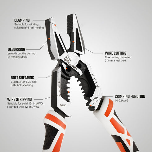 Vanquish 8-in-1 Multifunctional Lineman Pliers, 8 Wire Cutter with Wire Stripper/Crimper Function for Crimping, Stripping, Shearing,Cutting, Clamping 3238 by Vanquish