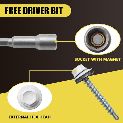 250pcs #10 x 1-1/2" White Hex Head Self-Drilling Metal Roofing Screws, EPDM Washer, Colored Head, Sheet Metal Roof