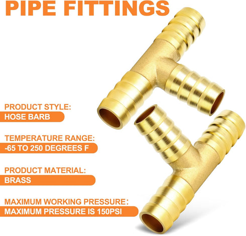 GASHER 10 Pieces Brass Hose Barb Tee, 3-Way Hose Fitting (1/4" x 1/4" x 1/4")