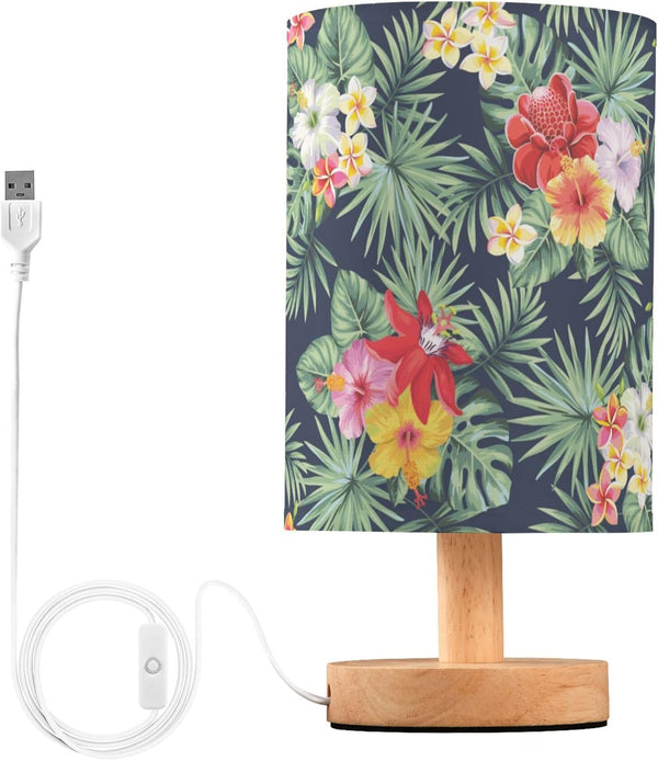 YYZZH Table Lamp Tropical Palm Leaves Hibiscus Plumeria Flower Nightstand Lamp with Wood