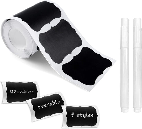 Chalkboard Labels, 120 Pcs Waterproof Reusable Stickers with 2 White Chalk Markers for Kitchen Pantry Organization