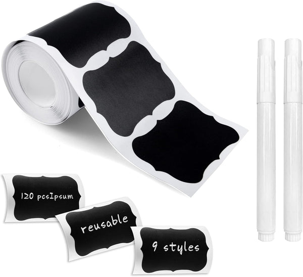 Chalkboard Labels, 120 Pcs Waterproof Reusable Stickers with 2 White Chalk Markers for Kitchen Pantry Organization