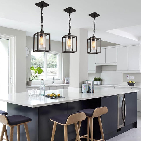 Farmhouse Pendant Light,Black Metal Frame Hanging Light Fixture with Clear Glass Shade Chandelier, Adjustable Chains