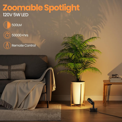 5W Dimmable 5.9FT 2 Pack Zoomable LED Spot Lights Indoor Uplighting with Remote & Timer, Up Lights Indoor Plant