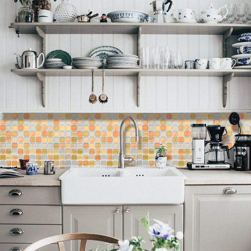 Yoillione 3D Mosaic Tile Sticker - Removable Wallpaper Tile, Yellow PVC Square Decorative Vinyl Tile Decals, 4 Sheets