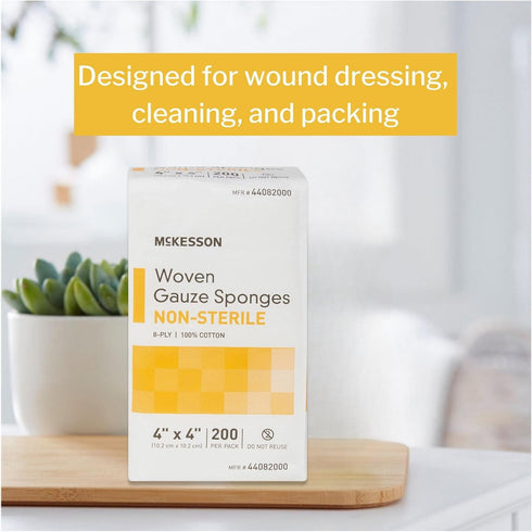 McKesson Woven Gauze Sponges, Non-Sterile, 8-Ply, 100% Cotton, 4 in x 4 in, 200 per Pack