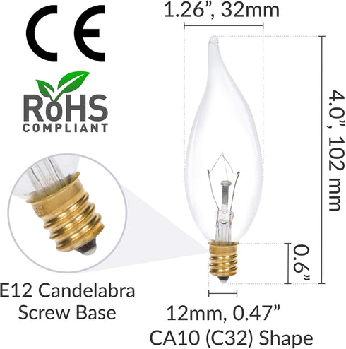 CA10 40W E12 (12 Pack) Bulbs 120V Dimmable, 2700K Simba Lighting Candelabra Flame Tip Clear Base Decorative
