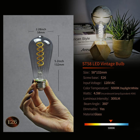 ST19 LED Smoky Grey Glass Edison Bulb, Vintage, 6 Pack, Daylight 5000K, E26 Base, 4.5W Equivalent to 40W