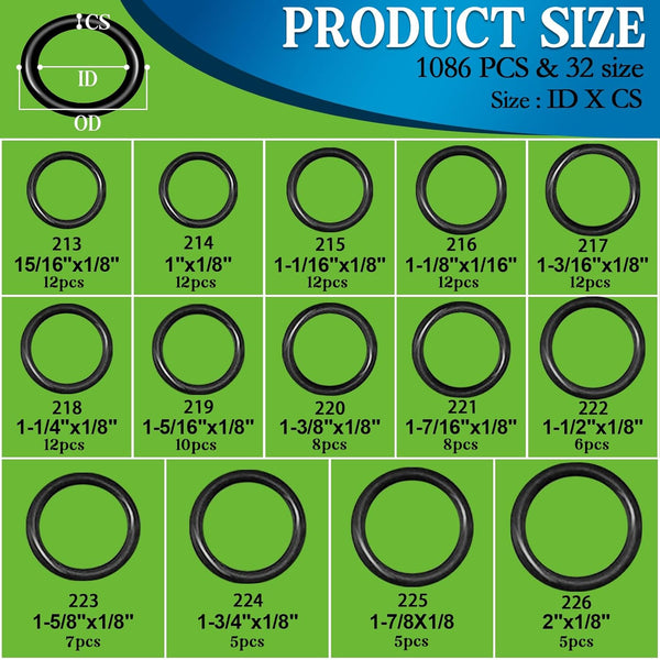1086 Pcs SAE Standard O Ring Kit, Nitrile Rubber O-Rings Assortment with O‘Ring Pick for Hydraulic Automotive Repair