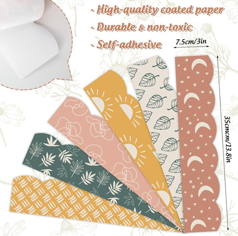 Whaline 82Ft Modern Boho Bulletin Board Borders Sun Moon Leaves Trim Border Pink Beige Green Boho Bulletin Board Stickers for School Classroom Office Decor