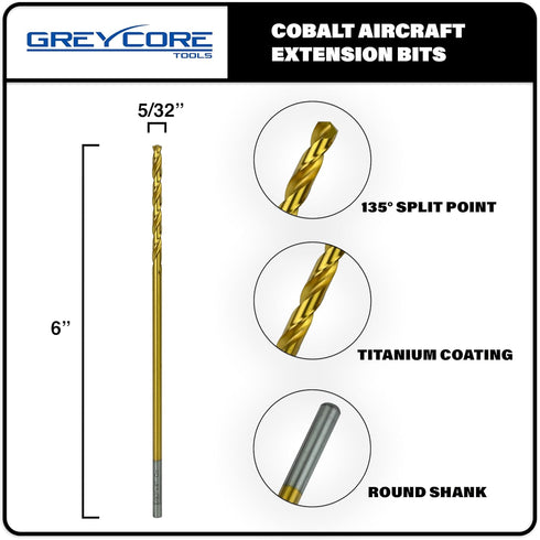 Tools 5/32 Inch x 6 Inch Cobalt Aircraft Extension Bit – 2 Pack M35 Cobalt Drill Bit for Steel