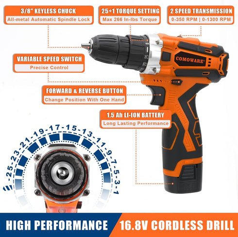 16.8V 153-Piece Set COMOWARE Cordless Drill Tool Combo Kit, Professional Household Tool with Lithium Battery for Home