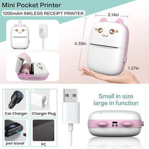 Mini Portable Printer, Inkless Bluetooth Sticker Printer with 8 Rolls Paper, Compatible with iOS + Android (Pink)