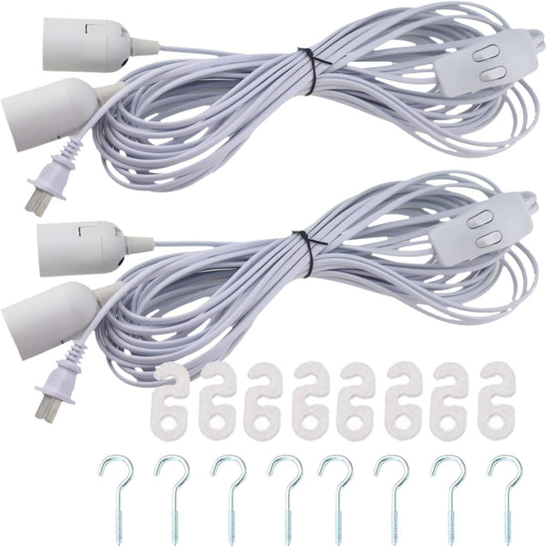 Rextin 2 packs double E26/E27 LED Light socket 13FT extension cord with