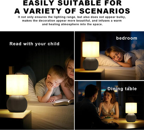 10.4 Inch Modern Small Table Lamp with Grey Metal Base and Linen Shade, Nightstand Light for Bedroom, Living Room