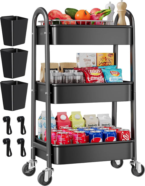 Rcemlip 3 Tier Black Rolling Cart Metal with Wheels, Basket, Cups & Hooks,