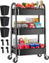 Rcemlip 3 Tier Black Rolling Cart Metal with Wheels, Basket, Cups & Hooks,