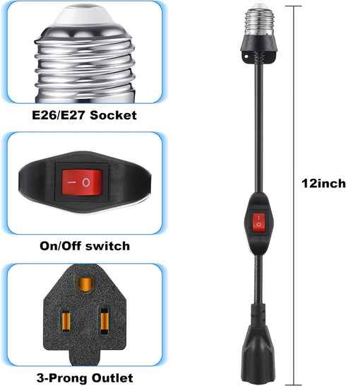 3 Outlet Light Socket Adapter, Convert E26/E27 Bulb Socket to 3 Prong Outlet with On/Off Switch, Flexible Light Socket Converter Suitable for Indoor Outdoor Porch Garage Patio Use by Feekoon