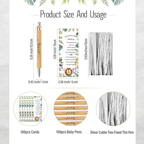 Zhanmai 100 Sets Safari Baby Shower Favors, Includes Bamboo Pens and Thank You Cards, Jungle Safari Decorations