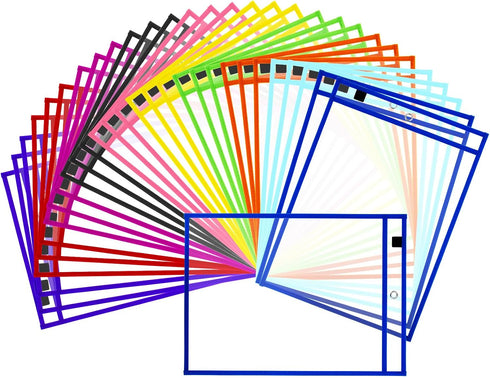 50 Packs Dry Erase Pocket Sleeves, Reusable Clear Plastic Classroom Sleeves, 10x14