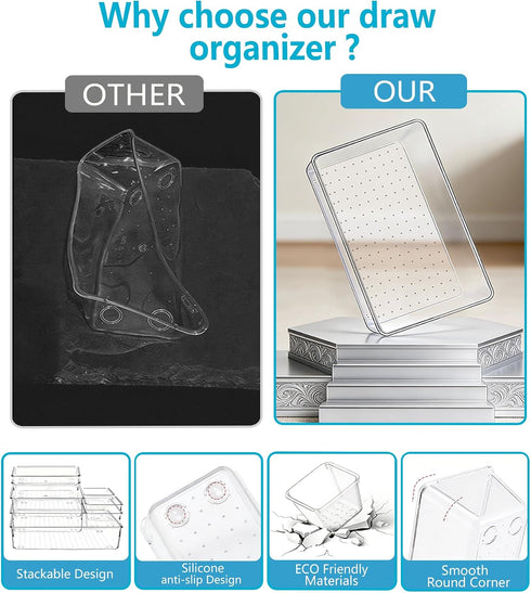 Asnews Set 60, 4-Size Clear Drawer Organizers of Vanity Organizer Trays, Stackable Bathroom & Desk Drawer Organizer