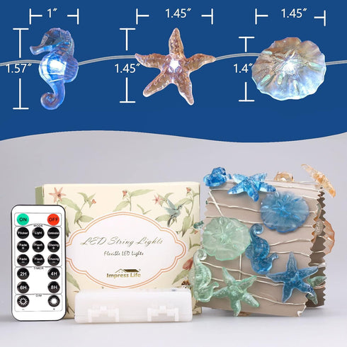 10 30 Impress Life Ocean Theme String Lights, Beach Decor Starfish Seahorse Sand Dollars Nautical Decorative Lights