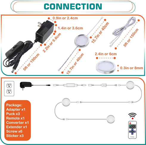 Counter 110V Dimmable, 2.4", 6000K, 3 Under Lights, Curio Cabinet LED Puck Lighting, Wall Plugged in, Wireless RF