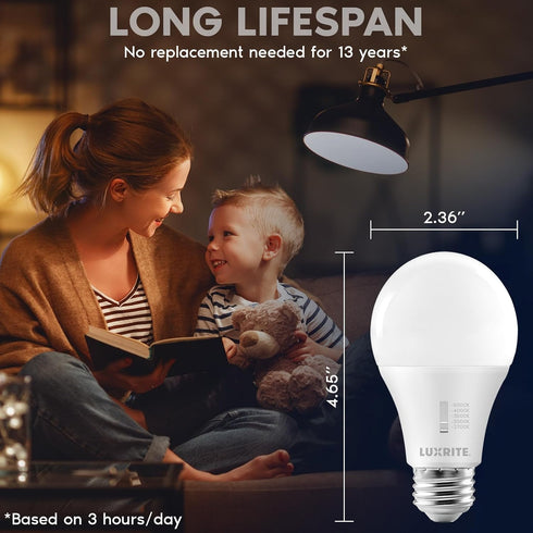 LUXRITE A19 LED Light Bulb, 75 Watt Equivalent, Dimmable, 5CCT Selectable, 1100LM, Standard LED Bulbs 11W, 4 Pack