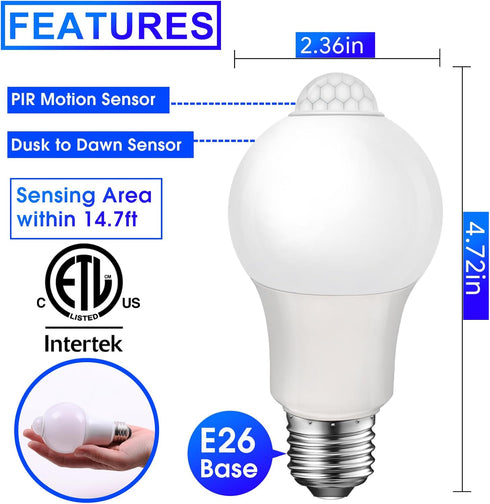 Bulb, 8.5W (60 E26 Bulb Closet, 3000K 2 Pack Energetic Motion Sensor Light Watt Equivalent) Motion Activated Dusk