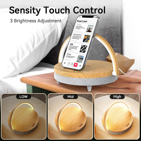 Bedside Table LED Night Light with Wireless Charger and Bluetooth Speaker, Desk Lamp As Sleep Aid White Noise Machine