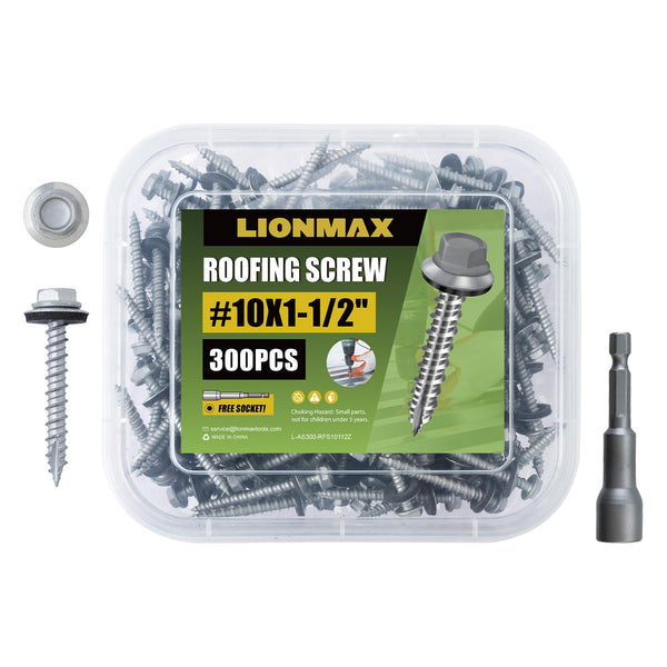 LIONMAX Metal Roofing Screws #10 × 1-1/2 Inch, 300-PCS, Zinc Plated Hex Head Sheet Metal Roof Screws, Rubber Washer