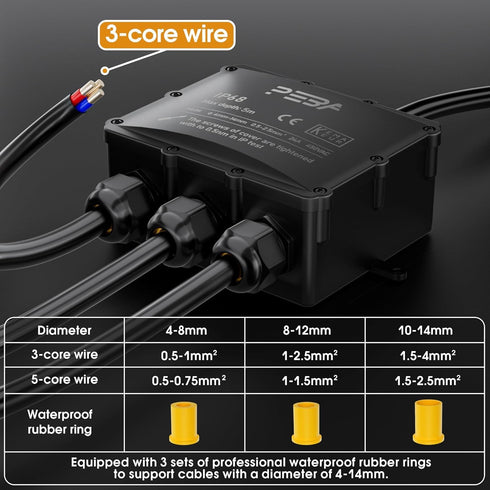 IP68 Waterproof Junction Box, 4-Way Outdoor Cable Connectors with 4 Cable M25 Gland for 4-14 mm Diameter Cable, Black