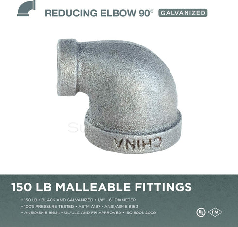 Everflow Supplies 1-1/2 x 1-1/4" 90 Degree Galvanized Malleable Iron Reducing Elbow