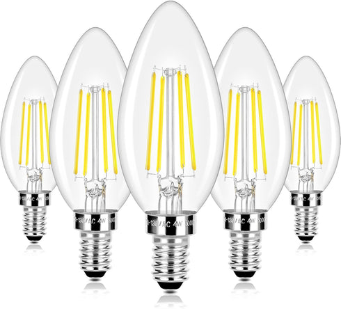 LED Candle Bulbs, 40W Equivalent, E12 Candelabra 4W 470Lm Clear Edison, Daylight White 5000K Classic Bright Filament,
