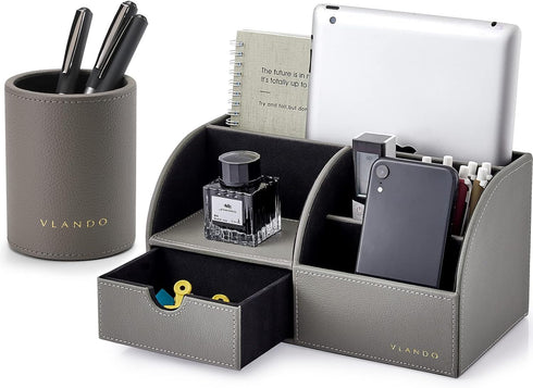 Vlando Office Desk Organizer, Leather Caddy with Drawer for Storing Desktop Supplies and Accessories, Grey Set