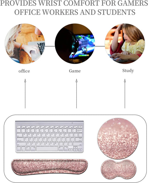 Ergonomic Mouse Pad with Wrist Support Set and Keyboard Wrist Rest for Laptop, Mac, Gaming, Office, Pink Glitter